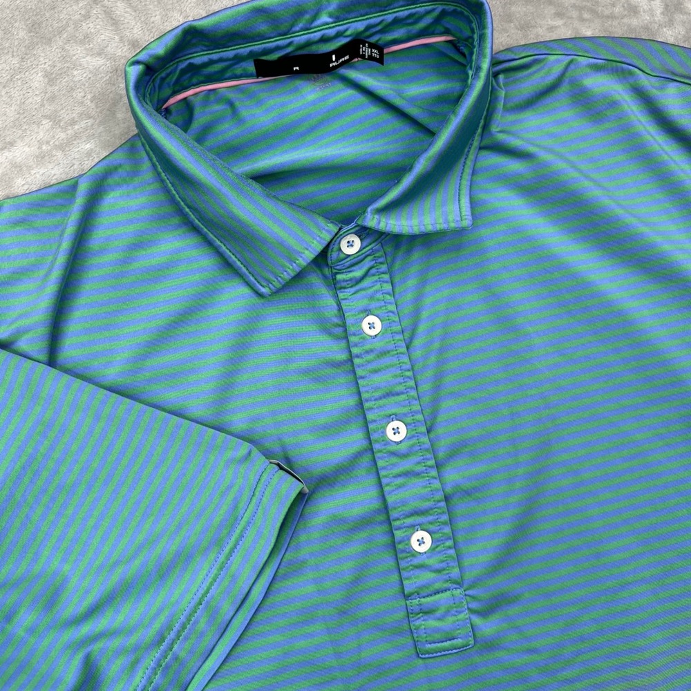 RLX Polo Shirt Mens 2XL Blue Green Striped Wicking Performance Stretch‎ Golf